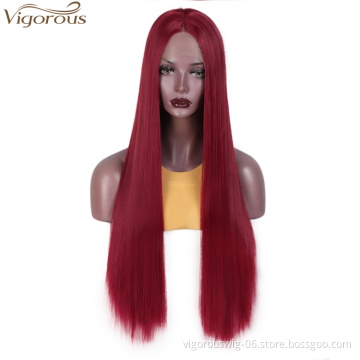 Vigorous Wine Red Lace Front Wigs for Women Synthetic Long Straight Wigs Middle Part Heat Resistant Fiber Natural Looking